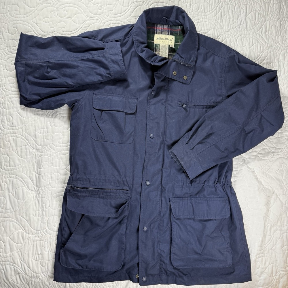 Vintage Eddie Bauer Navy‎ Jacket Mens Medium Plaid Wool Lined Mountain Parka EUC
